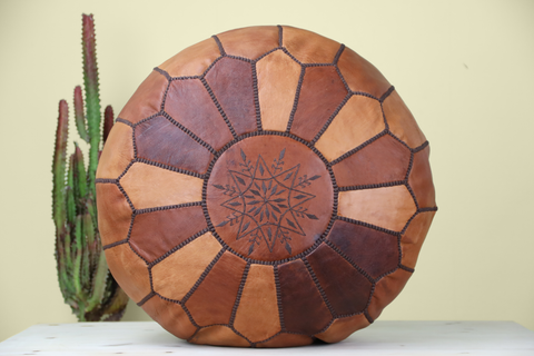 Wood Brown Leather Ottoman Pouf