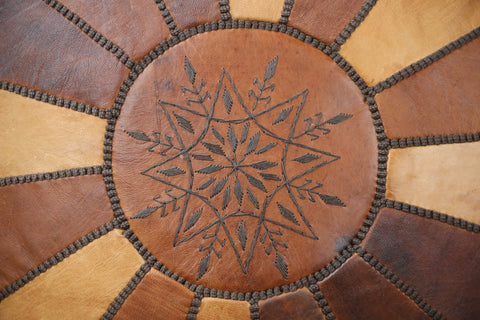 Wood Brown Leather Ottoman Pouf