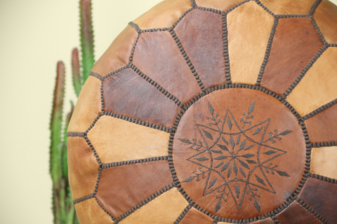 Wood Brown Leather Ottoman Pouf