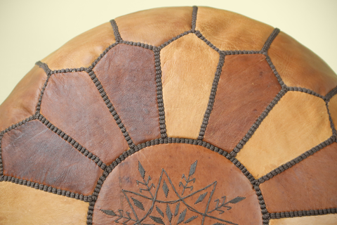 Wood Brown Leather Ottoman Pouf