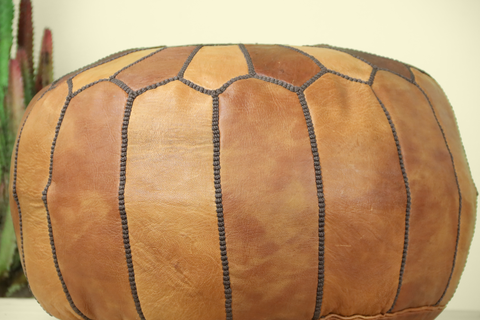 Wood Brown Leather Ottoman Pouf
