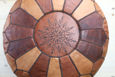 Wood Brown Leather Ottoman Pouf