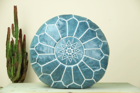 Ceramic Blue Leather Ottoman Pouf