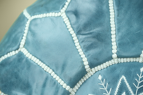 Ceramic Blue Leather Ottoman Pouf