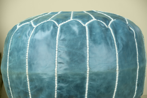 Ceramic Blue Leather Ottoman Pouf