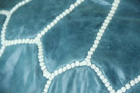 Ceramic Blue Leather Ottoman Pouf