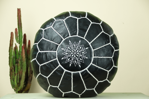 Black Leather Ottoman Pouf