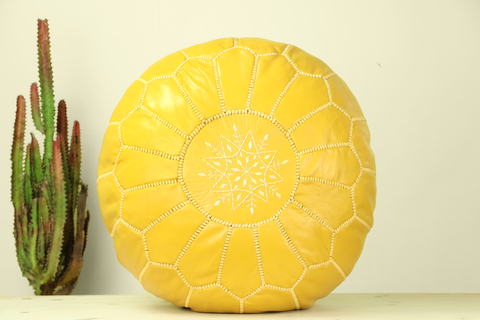 Yellow Leather Ottoman Pouf
