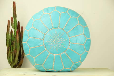Cyan Leather Ottoman Pouf