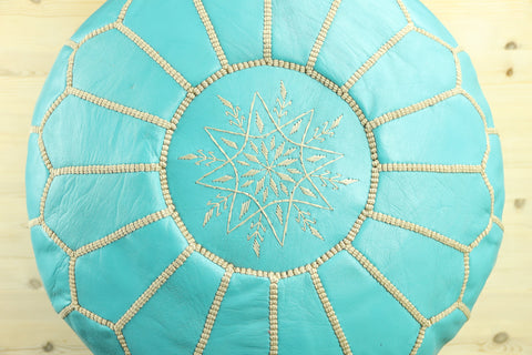Cyan Leather Ottoman Pouf