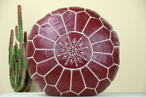 Maroon Leather Ottoman Pouf