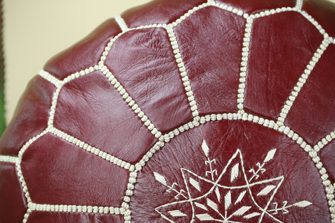 Maroon Leather Ottoman Pouf