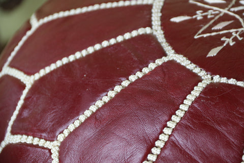 Maroon Leather Ottoman Pouf