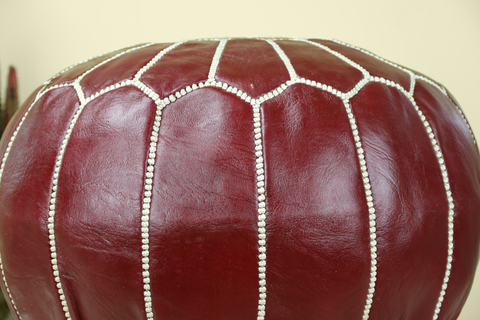Maroon Leather Ottoman Pouf