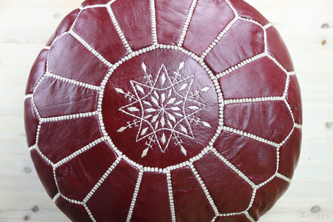 Maroon Leather Ottoman Pouf
