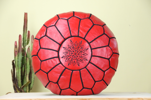 Red Leather Ottoman Pouf