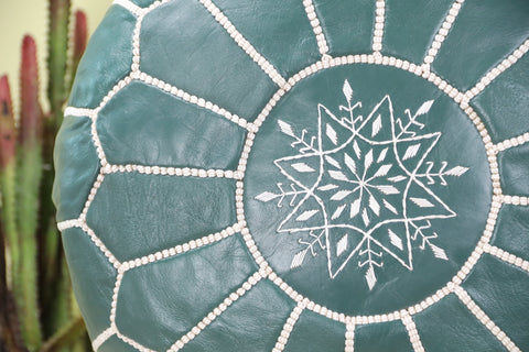 Pine Green Leather Ottoman Pouf
