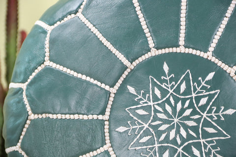 Pine Green Leather Ottoman Pouf